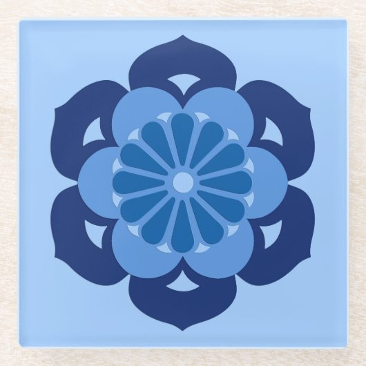 Lotus Flower Mandala, Indigo and Light Blue Glazen Onderzetter (Voorkant)