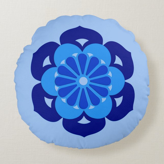 Lotus Flower Mandala, Indigo and Light Blue Rond Kussen (Voorkant)