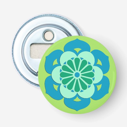 Lotus Flower Mandala, Lime Green en Light Blue Button Flesopener (Voorkant)