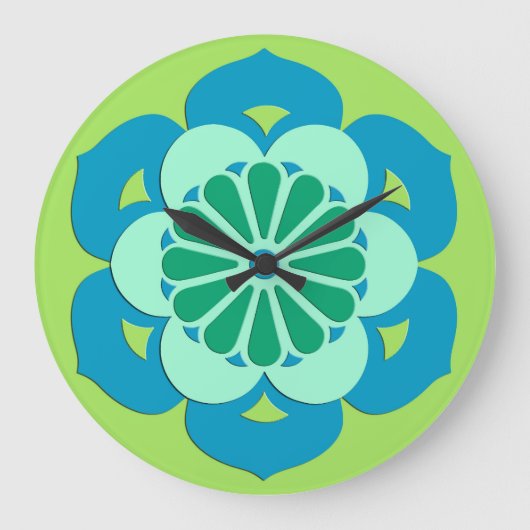 Lotus Flower Mandala, Lime Green en Light Blue Grote Klok (Voorkant)