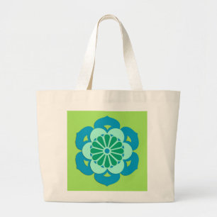 Lotus Flower Mandala, Lime Green en Light Blue Grote Tote Bag