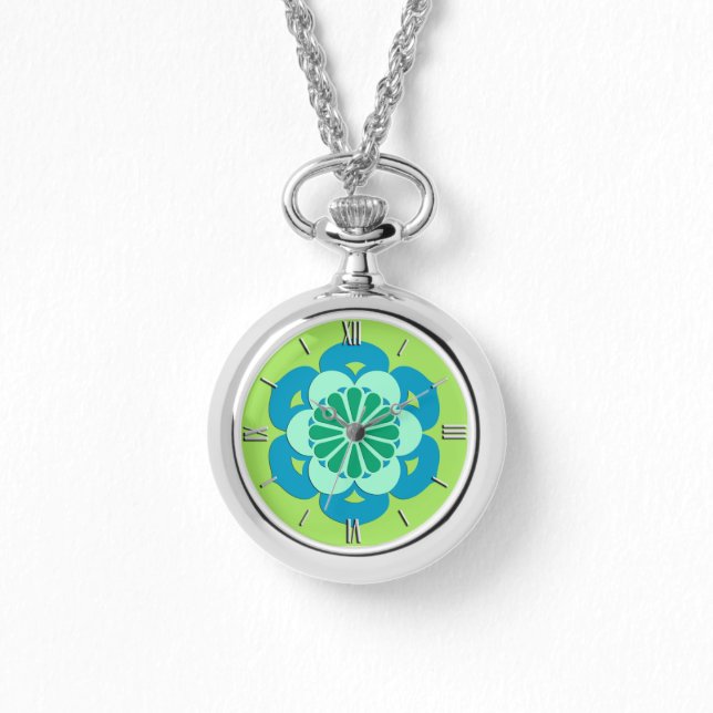 Lotus Flower Mandala, Lime Green en Light Blue Horloge (Voorkant)
