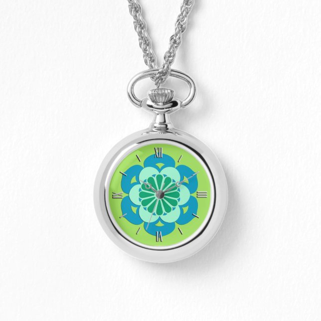 Lotus Flower Mandala, Lime Green en Light Blue Horloge (Voorkant)