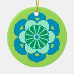 Lotus Flower Mandala, Lime Green en Light Blue Keramisch Ornament
