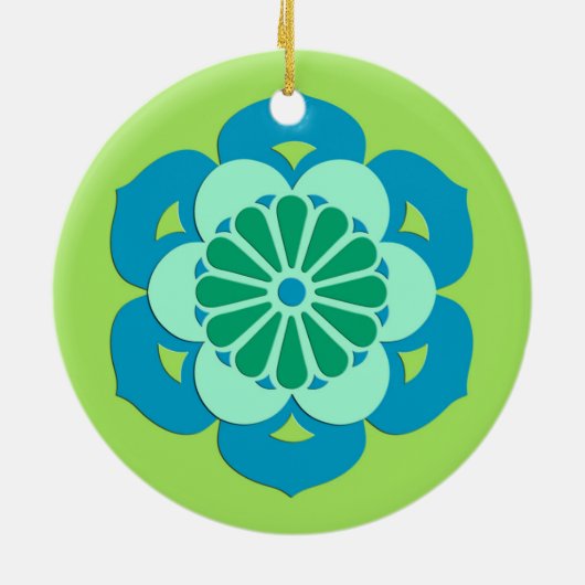 Lotus Flower Mandala, Lime Green en Light Blue Keramisch Ornament (Achterkant)