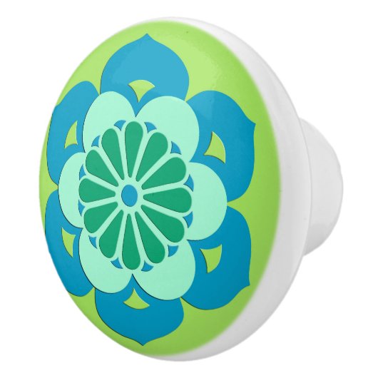 Lotus Flower Mandala, Lime Green en Light Blue Keramische Knop (Rechts)