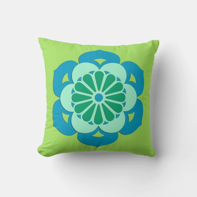 Lotus Flower Mandala, Lime Green en Light Blue Kussen (Voorkant)