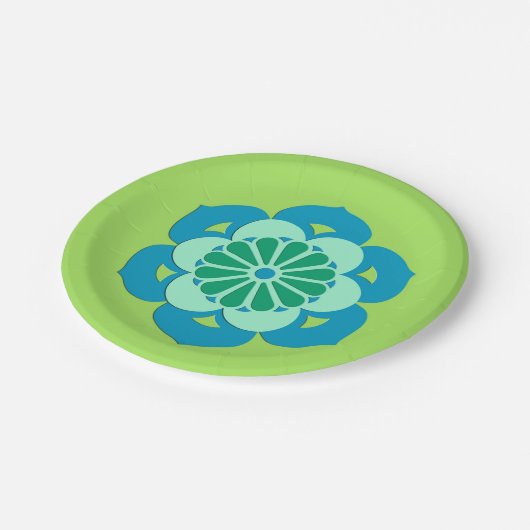 Lotus Flower Mandala, Lime Green en Light Blue Papieren Bordje (Gekanteld)