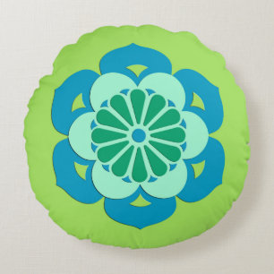 Lotus Flower Mandala, Lime Green en Light Blue Rond Kussen