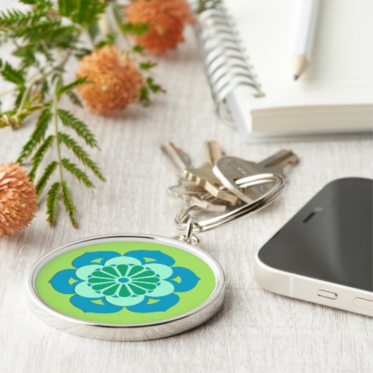 Lotus Flower Mandala, Lime Green en Light Blue Sleutelhanger (Zijkant)
