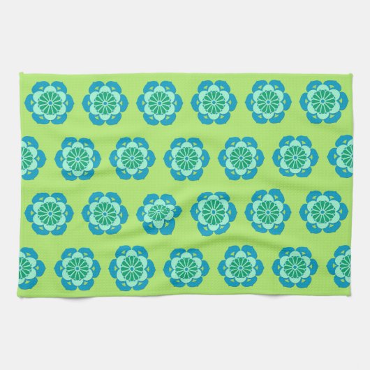 Lotus Flower Mandala, Lime Green en Light Blue Theedoek (Horizontaal)