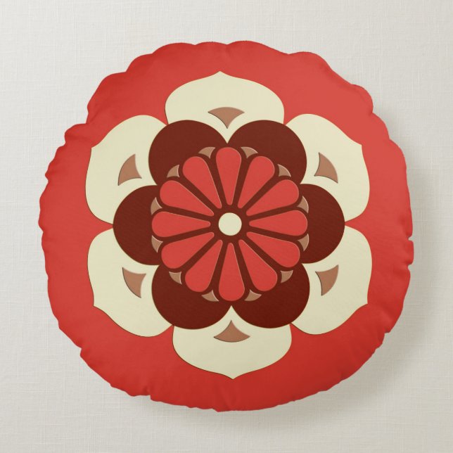 Lotus Flower Mandala, Mandarijns Oranje Rond Kussen (Voorkant)