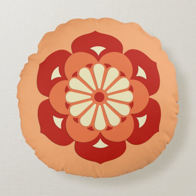 Lotus Flower Mandala, Pastel Oranje and Mandarin Rond Kussen (Voorkant)