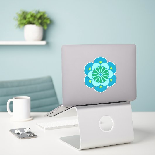Lotus Flower Mandala, Sky Blue en Light Aqua Sticker (Laptop op bureau)