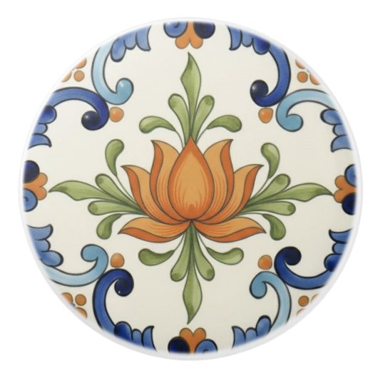 Lotus Flower Mediterranean Blue Cream Keramische Knop (Voorkant)