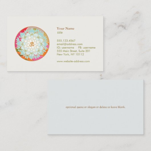 Lotus Flower OM Symbool Yoga Meditation Teacher Visitekaartje (Voorkant / Achterkant)