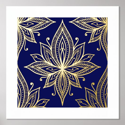 Lotus Flower on Blue Gold Foil Art Print (Voorkant)