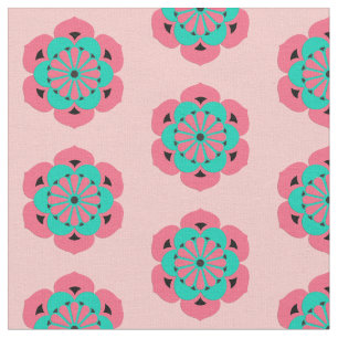 Lotus Flower Print, Coral Pink and Turquoise Stof