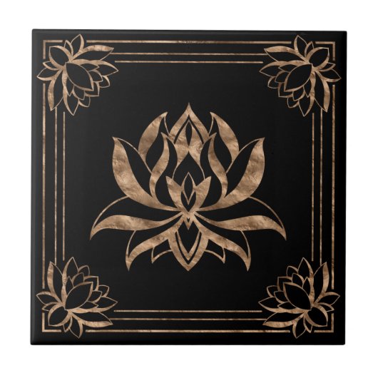 Lotus Flower Square ornament - zwart en goud Tegeltje (Voorkant)