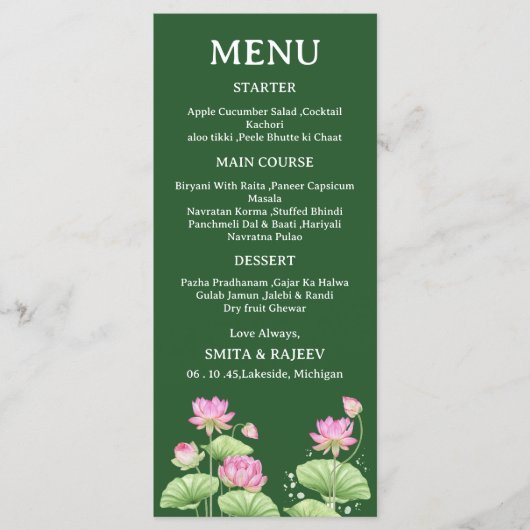 Lotus Flower Wedding Menu Card (Voorkant)