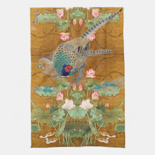 Lotus Flowers Pheasant Birds Asian Kitchen Towel Theedoek