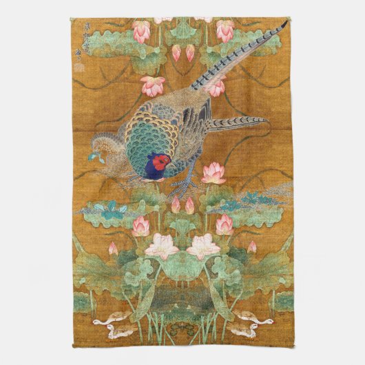 Lotus Flowers Pheasant Birds Asian Kitchen Towel Theedoek (Verticaal)