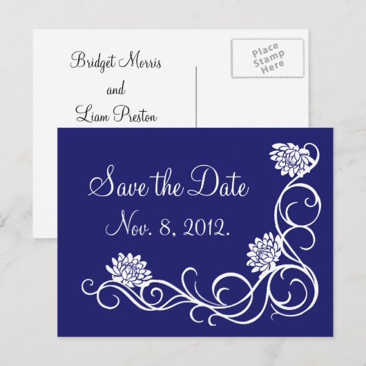 Lotus Flowers Save the Date Briefkaart (indigo) (Voorkant / Achterkant)
