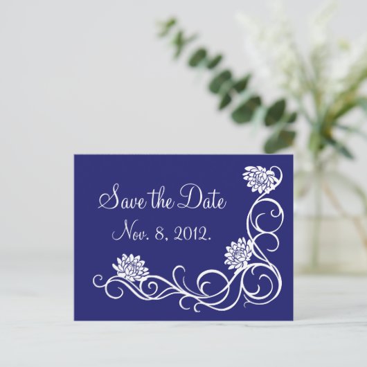Lotus Flowers Save the Date Briefkaart (indigo) (Staand voorkant)