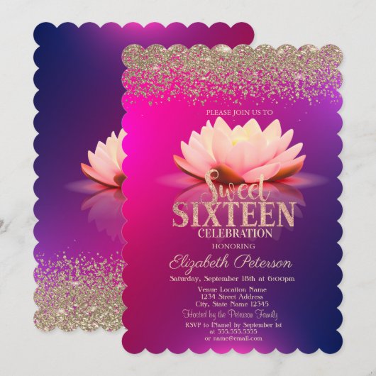 Lotus Gold Confetti Diamond Ombre Sweet 16 Kaart (Voorkant / Achterkant)