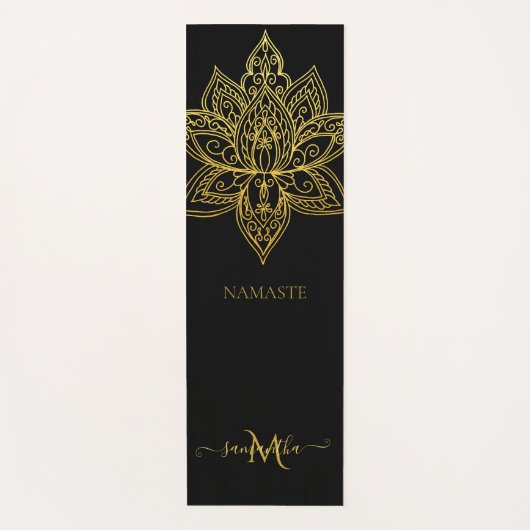 Lotus Gold Mandala Monogram Elegant Zwart Yogamat (Voorkant)