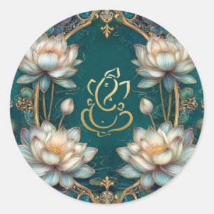 Lotus Indian Ganesh Hindoe God Wedding   groen gou Ronde Sticker