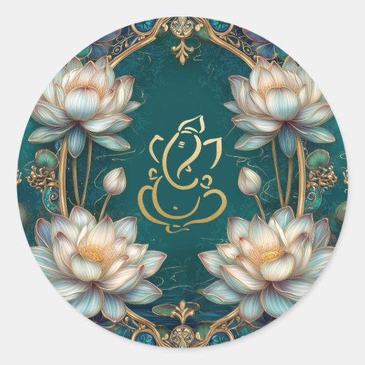 Lotus Indian Ganesh Hindoe God Wedding | groen gou Ronde Sticker (Voorkant)