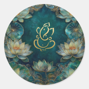 Lotus Indian Ganesh Wedding   groen goud Ronde Sticker