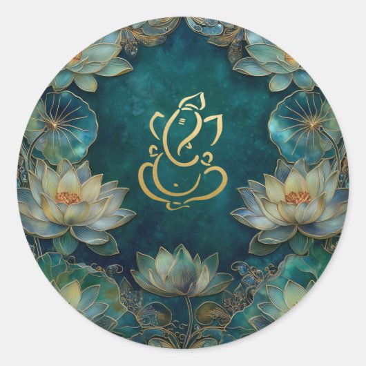 Lotus Indian Ganesh Wedding | groen goud Ronde Sticker (Voorkant)