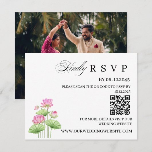 Lotus Indiase Trouw RSVP Kaart met QR Code (Voorkant / Achterkant)