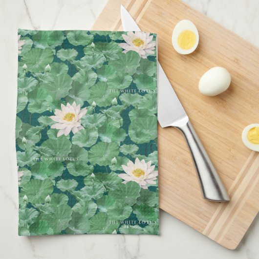 Lotus Lagoon patroon - De witte Lotus Theedoek (Quarter Fold)