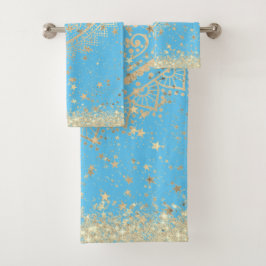 Lotus Mandala Glitter Gouden Sterren op Turquoise Bad Handdoek