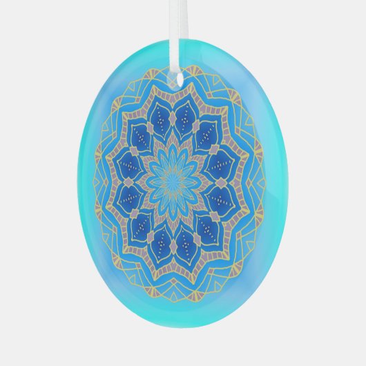 Lotus mandala in turkooise en blauw glas ornament (Voorkant links)