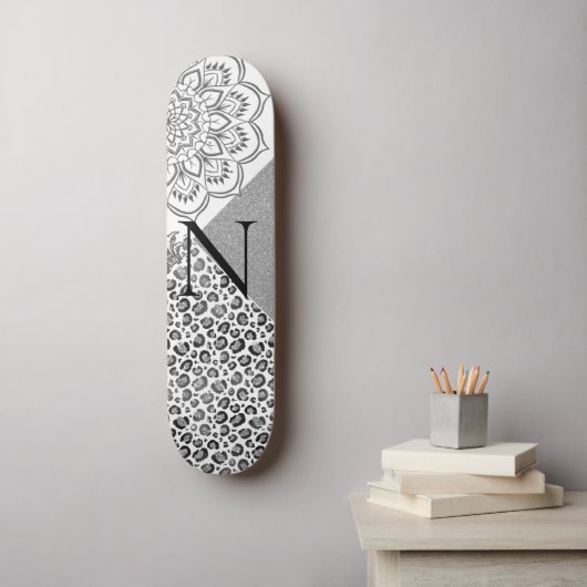 Lotus Mandala Leopard Silver Glitter Monogram Persoonlijk Skateboard (Muurkunst)