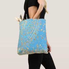 Lotus Mandala met Gouden Sterren op Turquoise Tote Bag