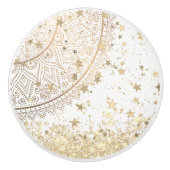 Lotus Mandala met Gouden Sterren op Wit Keramische Knop (Voorkant)