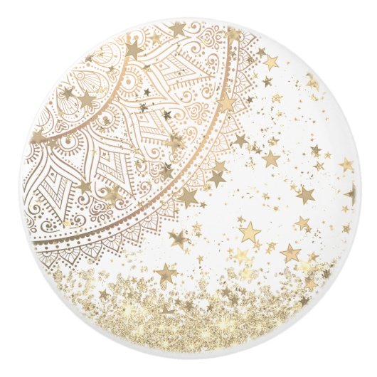 Lotus Mandala met Gouden Sterren op Wit Keramische Knop (Voorkant)