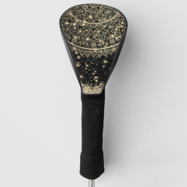 Lotus Mandala met gouden sterren op zwart Golfheadcover