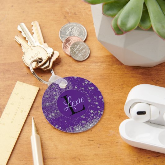 Lotus Mandala met Zilveren Sterren op Paarse Custo Sleutelhanger (Bureau)