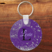 Lotus Mandala met Zilveren Sterren op Paarse Custo Sleutelhanger (Voorkant)