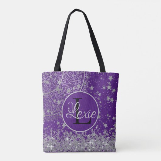 Lotus Mandala Silver Stars op Paarse Personaliseer Tote Bag (Achterkant)