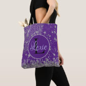 Lotus Mandala Silver Stars op Paarse Personaliseer Tote Bag (Dichtbij)