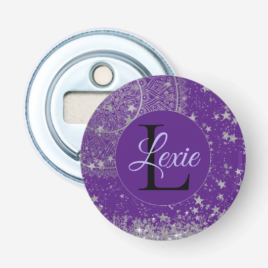 Lotus Mandala Zilveren Sterren Monogram Custom Button Flesopener (Voorkant)