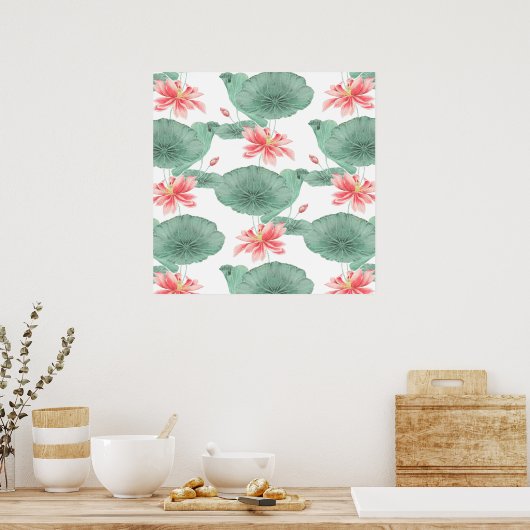 Lotus naadloze patroon botanische achtergrond poster (Keuken)