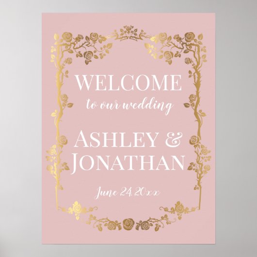Lotus Pink en Gold Rozen Lijst Weddenschap Welkom Poster (Voorkant)